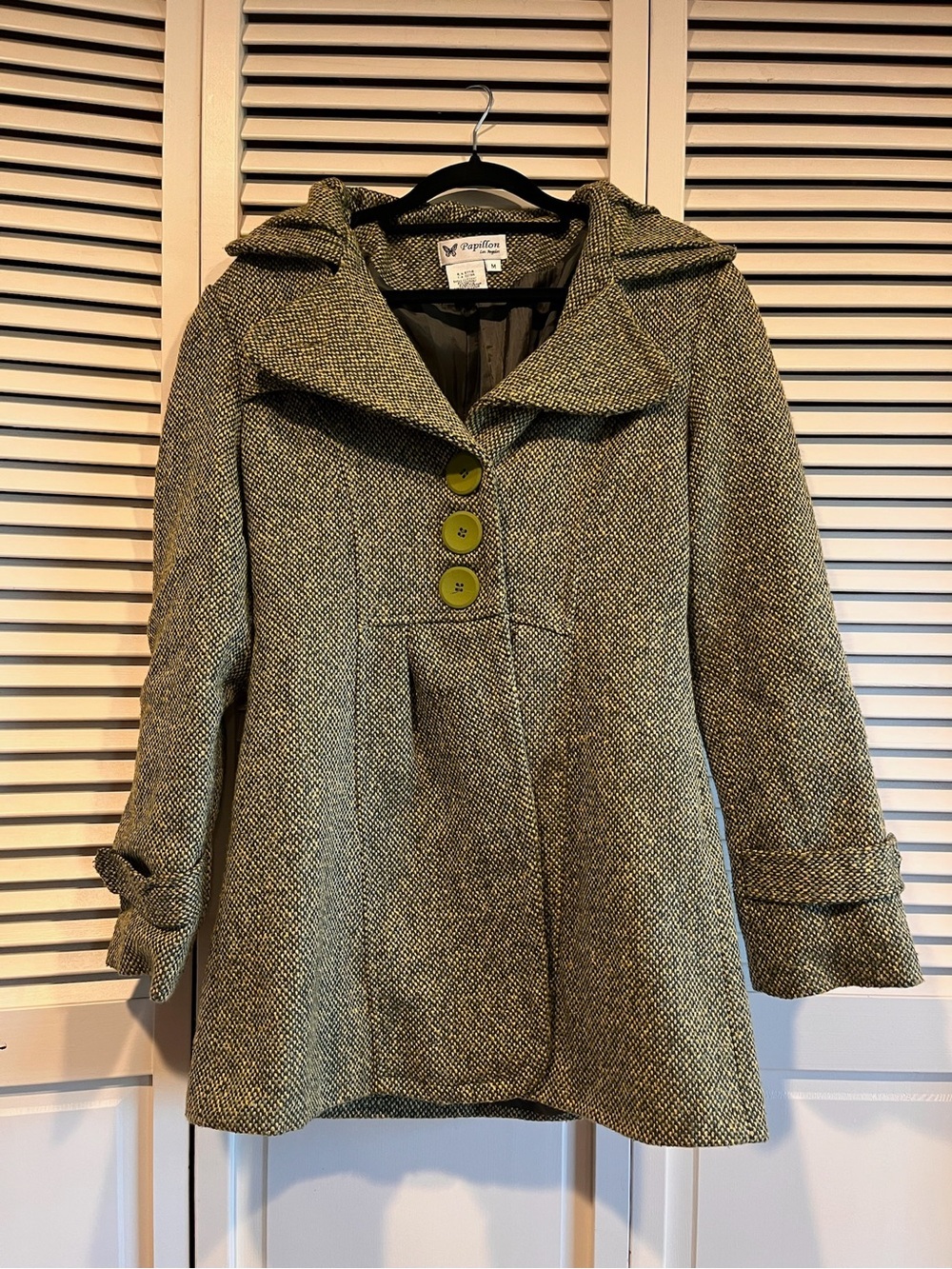 Papillon Blanc Olive Tweed Hooded Pea Coat with Green Buttons